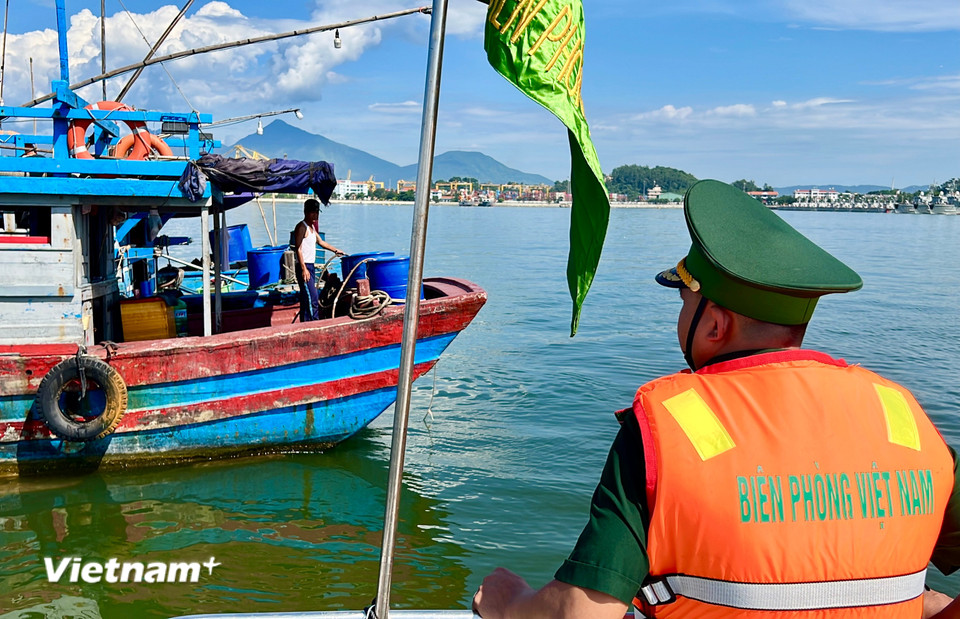 Lực lượng tuần tra bố trí tại các cửa sông, cửa lạch, bãi ngang và quanh các đảo để kiểm soát chặt chẽ, kiên quyết không cho xuất bến nếu tàu cá không đủ điều kiện về giấy tờ, trang thiết bị an toàn. (Ảnh: Thanh Phong/Vietnam+)