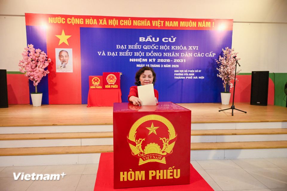 Không khí từng cử tri bỏ những lá phiếu của chính mình vào hòm phiếu vừa trang nghiêm, vừa gần gũi, một biểu tượng của truyền thống "yêu nước, yêu dân" và thái độ trân trọng với quyền bầu cử. (Ảnh: Minh Sơn/Vietnam+)