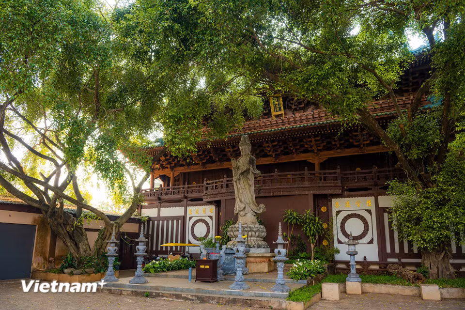 Mới bước vào trong khuôn viên chùa, tượng Phật bà Quan Âm được đặt chính giữa, xung quanh là những hàng cây cùng những cột đá tạo nên vẻ vừa uy nghi vừa thanh bình. (Ảnh: Minh Sơn/Vietnam+)