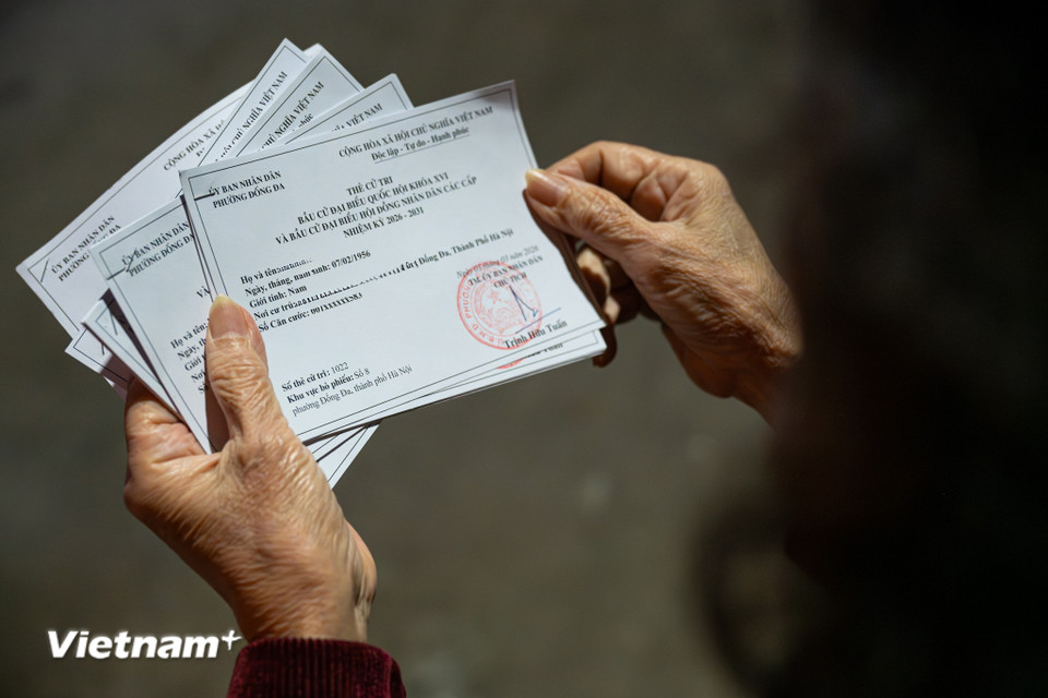 Đến thời điểm này, tổ bầu cử đã hoàn thành việc phát thẻ cho các cử tri trong toàn khu vực. Tổ bầu cử vẫn tiếp tục rà soát danh sách, cập nhật các trường hợp chuyển đi, chuyển đến để bảo đảm không bỏ sót quyền bầu cử của người dân. (Ảnh: Minh Sơn/Vietnam+)