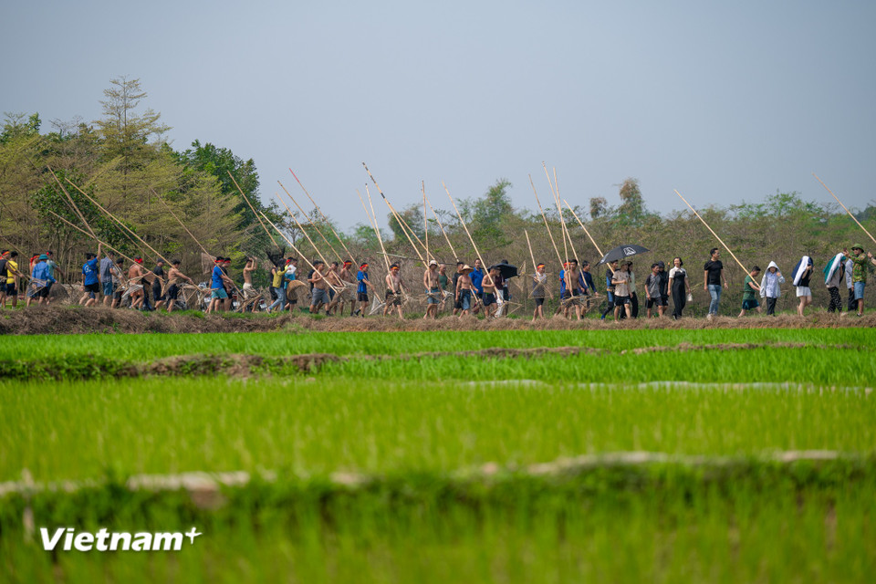 Dù dập sào nhiều khi diễn ra cao điểm vào các tháng nước xuống (cuối Thu - đầu Đông), ở Tường Phiêu nghi thức 'đánh cá dâng' được đưa vào chương trình lễ hội xuân. (Ảnh: Minh Sơn/Vietnam+)