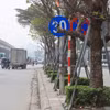 Cột biển báo giao thông được cắm giữa hàng cây và rất dễ bị che khuất tầm nhìn với người đi đường. (Ảnh: PV/Vietnam+) 