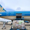 Vietnam Airlines vận chuyển miễn phí hàng hóa hỗ trợ vùng mưa lũ miền Trung. (Ảnh: PV/Vietnam+)