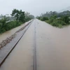 Hiện tại, nước lũ đã ngập trên đỉnh ray tại một số đoạn đường sắt qua thành phố Huế. (Ảnh: PV/Vietnam+)