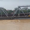 Đoàn tàu chở hàng nặng 300 tấn được bố trí án ngữ trên cầu đường sắt sông Thương để đối phó nước lũ trước nguy cơ cuốn trôi cầu. (Ảnh: PV/Vietnam+)