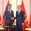 Bộ trưởng Bộ Ngoại giao Lê Hoài Trung tiếp Trưởng ban Đối ngoại Trung ương Đảng Nhân dân Cách mạng Lào Bounleua Phandanouvong. (Ảnh: An Đăng/TTXVN)