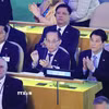 Chủ tịch nước Lương Cường và thành viên đoàn Việt Nam tham dự Phiên họp cấp cao Kỷ niệm 80 năm thành lập Liên hợp quốc. (Ảnh: Lâm Khánh/TTXVN)