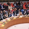 Đại diện Venezuela (hàng đầu, ngoài cùng bên trái) tham dự phiên họp khẩn của Hội đồng Bảo an. (Ảnh: Thanh Tuấn/TTXVN)