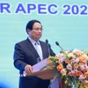 Thủ tướng Phạm Minh Chính phát biểu tại Lễ công bố thành lập Ủy ban Quốc gia Diễn đàn hợp tác châu Á - Thái Bình Dương 2027 (APEC 2027). (Ảnh: Dương Giang/TTXVN)