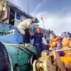 Lực lượng cảnh sát biển tiếp cận tàu cá, đón ngư dân lên tàu cấp cứu. (Ảnh minh họa: TTXVN phát)