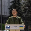 Tổng thống Ukraine Volodymyr Zelensky phát biểu tại thủ đô Kiev. (Ảnh: AFP/TTXVN)
