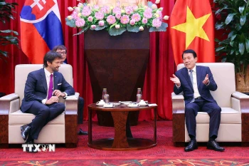 Đại tướng Lương Tam Quang, Bộ trưởng Bộ Công an tiếp ngài Robert Kalinak, Phó Thủ tướng, Bộ trưởng Bộ Quốc phòng Slovakia. (Ảnh: Phạm Kiên/TTXVN)