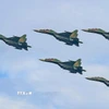 Màn trình diễn của máy bay tiêm kích Su-30MK2 trên bầu trời Hà Nội. (Ảnh: TTXVN)