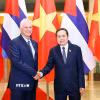 Chủ tịch Quốc hội Trần Thanh Mẫn đón Bí thư thứ Nhất Ban Chấp hành Trung ương Đảng Cộng sản Cuba, Chủ tịch nước Cộng hòa Cuba Miguel Díaz-Canel Bermúdez. (Ảnh: Doãn Tấn/TTXVN)