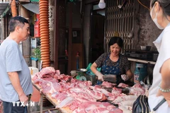 Một quầy thịt lợn trên phố Bạch Đằng (Hà Nội). (Ảnh minh họa: Hoàng Hiếu/TTXVN)