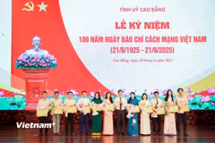 Các nhà báo nhận Bằng khen của Chủ tịch Ủy ban Nhân dân tỉnh Cao Bằng. (Ảnh: HV/Vietnam+)