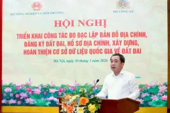 Ủy viên Bộ Chính trị, Bộ trưởng Bộ Nông nghiệp và Môi trường Trần Đức Thắng phát biểu tại hội nghị. (Ảnh: Khương Trung)