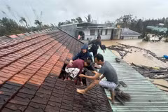 Lũ dâng cao, người dân phải phá mái nhà leo lên để tránh nguy hiểm ở Gia Lai. (Ảnh: TTXVN phát)
