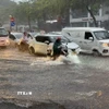 Trên tuyến phố Nguyễn Văn Cừ, Long Biên ngập úng diện rộng gây ảnh hưởng đến các phương tiện tham gia giao thông. (Ảnh: An Đăng/TTXVN)