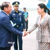 Lễ đón Thủ tướng Thái Lan Paetongtarn Shinawatra tại Sân bay Quốc tế Nội Bài, Hà Nội. (Ảnh: Phạm Kiên/TTXVN)