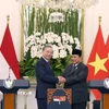 Tổng Bí thư Tô Lâm và Tổng thống Cộng hòa Indonesia, Chủ tịch Đảng Phong trào Indonesia vĩ đại (Gerindra) Prabowo Subianto phát biểu với báo chí. (Ảnh: Thống Nhất/TTXVN)