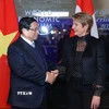 Thủ tướng Phạm Minh Chính hội đàm với Tổng thống Liên bang Thụy Sĩ Karin Keller-Sutter. (Ảnh: Dương Giang/TTXVN)