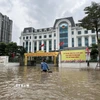 Đoạn phố phía trước UBND phường Cầu Giấy nước ngập sâu, các phương tiện không thể đi qua. (Ảnh: Huy Hùng/TTXVN)
