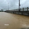 Nước lũ sông Trà Bồng đã áp sát cầu Châu Ổ. (Ảnh: TTXVN phát)