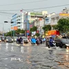 Trận mưa to trong thời gian ngắn gây ngập trên đường Nguyễn Văn Cừ. (Ảnh: Thanh Liêm/TTXVN)