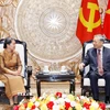 Tổng Bí thư Tô Lâm tiếp bà Men Sam An, Phó Chủ tịch Đảng Nhân dân Campuchia, Chủ tịch Hội đồng Quốc gia Mặt trận Đoàn kết Phát triển Tổ quốc Campuchia. (Ảnh: Thống Nhất/TTXVN)