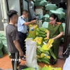 Lực lượng chức năng kiểm tra số gạo vi phạm. (Ảnh: TTXVN phát)