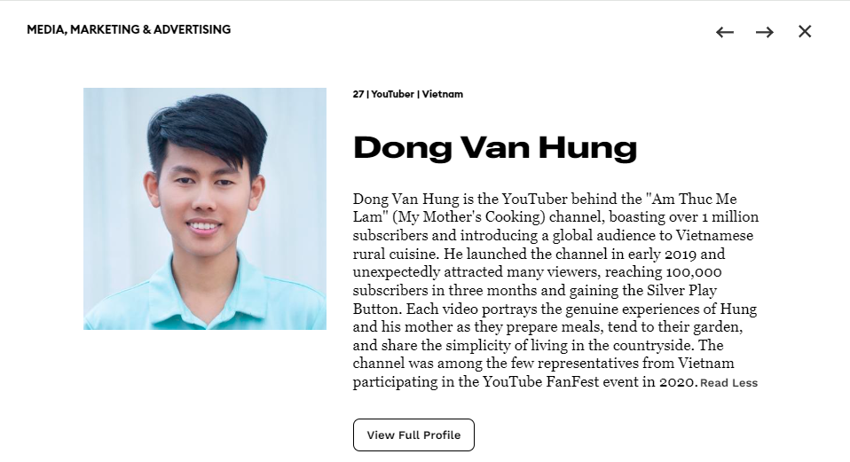 Tạp chí Forbes giới thiệu về Đồng Văn Hùng: Mỗi video đều khắc họa những trải nghiệm chân thực của hai mẹ con Hùng khi chuẩn bị bữa ăn, chăm sóc khu vườn và chia sẻ về cuộc sống giản dị ở nông thôn. Screenshot 2024-05-18 104938.png
