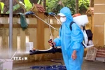 Phun hóa chất phòng chống dịch bệnh sau lũ tại Quảng Bình. (Ảnh: TTXVN phát)
