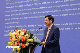 Thứ trưởng Bộ Văn hóa, Thể thao và Du lịch Hồ An Phong phát biểu khai mạc hội chợ. (Ảnh: Nhật Anh/TTXVN)