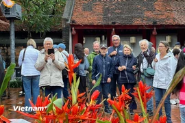 Du khách quốc tế thích thú khi được nghe giới thiệu về Văn Miếu-Quốc Tử Giám. (Ảnh: Mai Mai/Vietnam+)