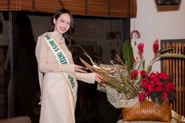 Thanh Thủy được phu nhân Tổng Lãnh sự giới thiệu về nghệ thuật cắm hoa Ikebana. (Ảnh: CTV/Vietnam+)