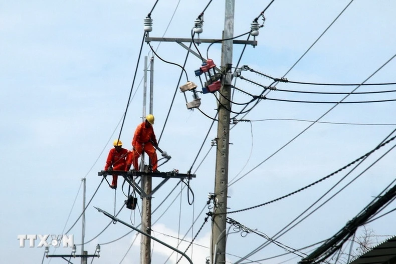 Nâng cấp, sửa chữa lưới điện ở An Giang. (Ảnh: Lê Huy Hải/TTXVN)