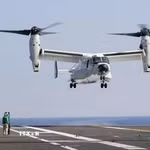 Máy bay CMV22 Osprey của Mỹ tham gia cuộc tập trận chung Freedom Edge giữa Mỹ-Nhật-Hàn tại vùng biển quốc tế ở phía Nam đảo Jeju, Hàn Quốc, ngày 14/11/2024. (Ảnh: Kyodo/TTXVN phát)