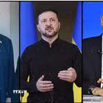 Tổng thống Mỹ Donald Trump, Tổng thống Ukraine Volodymyr Zelensky và Tổng thống Nga Vladimir Putin. (Nguồn: TTXVN phát)