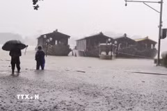 Lũ lên trên báo động 2 gây ngập ven bờ Nam sông Hương, thành phố Huế hồi cuối tháng 10. (Ảnh: Nguyên Lý/TTXVN)