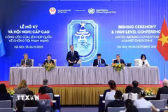 Quang cảnh buổi họp báo quốc tế thông báo kết quả Lễ mở ký Công ước Hà Nội. (Ảnh: Tuấn Anh/TTXVN)