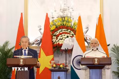 Tổng Bí thư, Chủ tịch nước Tô Lâm và Thủ tướng Ấn Độ Narendra Modi gặp gỡ báo chí. (Ảnh: Thống Nhất/TTXVN)