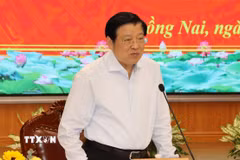 Đồng chí Phan Đình Trạc, Ủy viên Bộ Chính trị, Bí thư Trung ương Đảng, Trưởng Ban Nội chính Trung ương, Trưởng Đoàn công tác 284 của Bộ Chính trị phát biểu tại buổi làm việc. (Ảnh: Sỹ Tuyên/TTXVN)