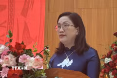 Đồng chí Đinh Thị Mai, Phó Chủ tịch Viện Hàn lâm Khoa học xã hội Việt Nam phát biểu nhận nhiệm vụ. (Ảnh: Thanh Hương/TTXVN)