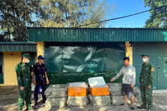 Đối tượng Nguyễn Văn Chung (áo trắng), sinh năm 1992 (trú tại khu phố Tràng Lộ, phường Móng Cái 1, tỉnh Quảng Ninh) cùng tang vật là số nầm lợn đông lạnh. (Nguồn: TTXVN)
