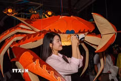 Khách tham quan thích thú khám phá những món đồ chơi gắn với Tết Trung thu truyền thống. (Ảnh: Khánh Hòa/TTXVN)