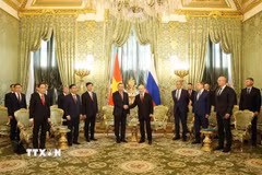 Tổng Bí thư, Chủ tịch nước Tô Lâm gặp hẹp với Tổng thống Liên bang Nga Vladimir Putin. (Ảnh: Thống Nhất/TTXVN)