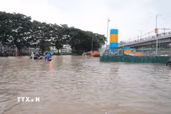 Ngập cục bộ trên phố Đàm Quang Trung sau cơn mưa lớn tại Hà Nội. (Ảnh: Thành Phương/TTXVN)