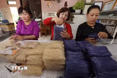 Đóng gói sản phẩm bún khô được sản xuất theo phương thức truyền thống, ở tổ liên kết làng nghề truyền thống bún An Phong, thôn An Phong, xã Phù Cát. (Ảnh: Vũ Sinh/TTXVN)
