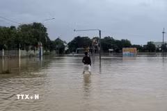 Mưa lớn kéo dài khiến làng Vĩnh An, phường Phong Dinh, Huế bị ngập lụt nặng. (Ảnh: Văn Dũng/TTXVN)